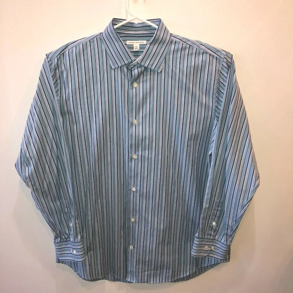 Banana Republic Mens Size XL Blue Striped Long Sleeve Button Up Shirt 17-17.5